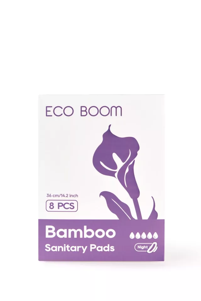 Бамбукови Биоразградими Дамски Превръзки С Крилца - Нощни Extra - Eco Boom, Премиум - 8 Бр.