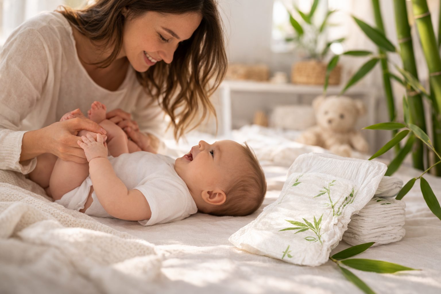 Бебе И Майка С Бамбукови Пелени